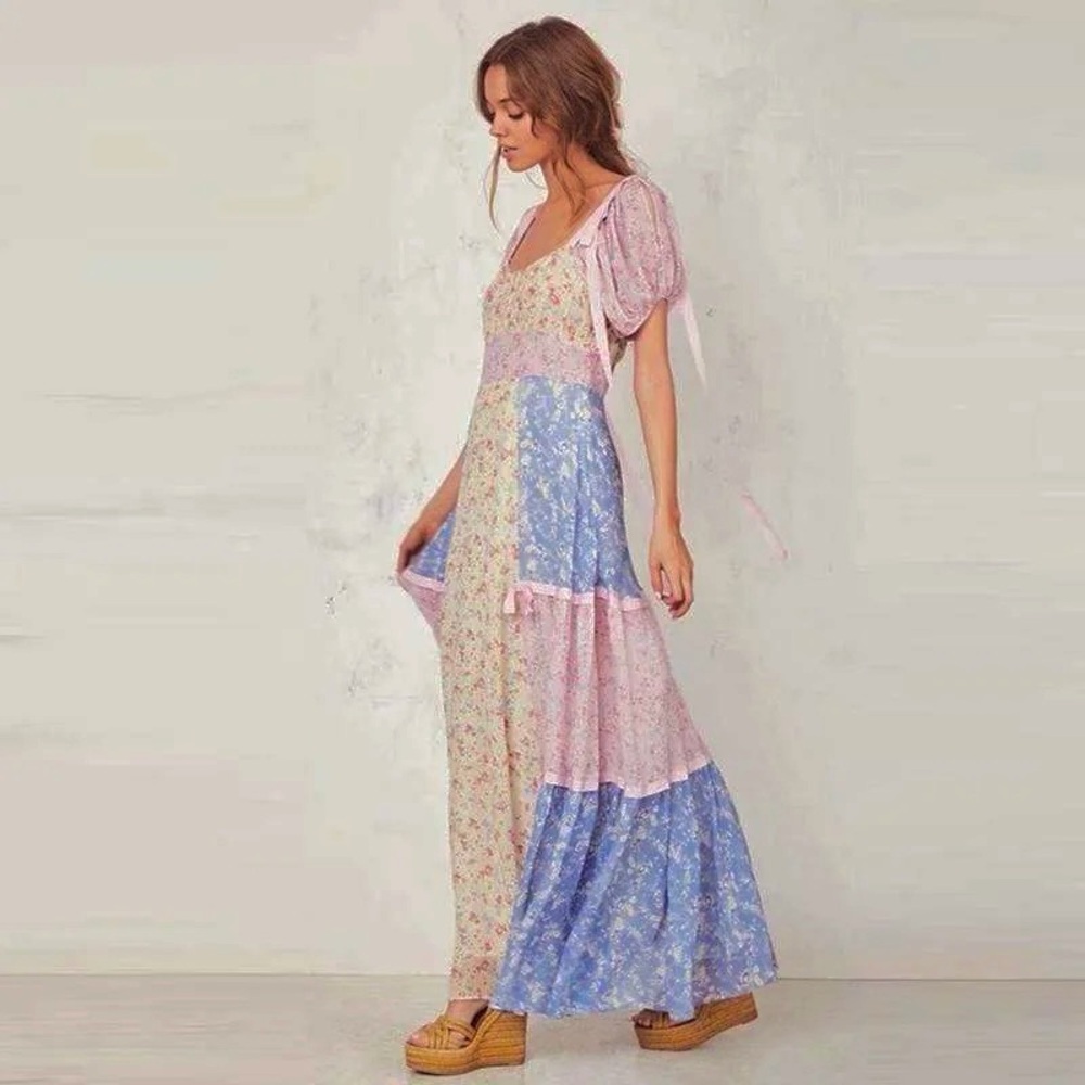 LOVESHACKFANCY Jessie ‘Inspired’ Patchwork Floral Print Midi Dress 🌻🩵🌸 - Picture 3 of 13